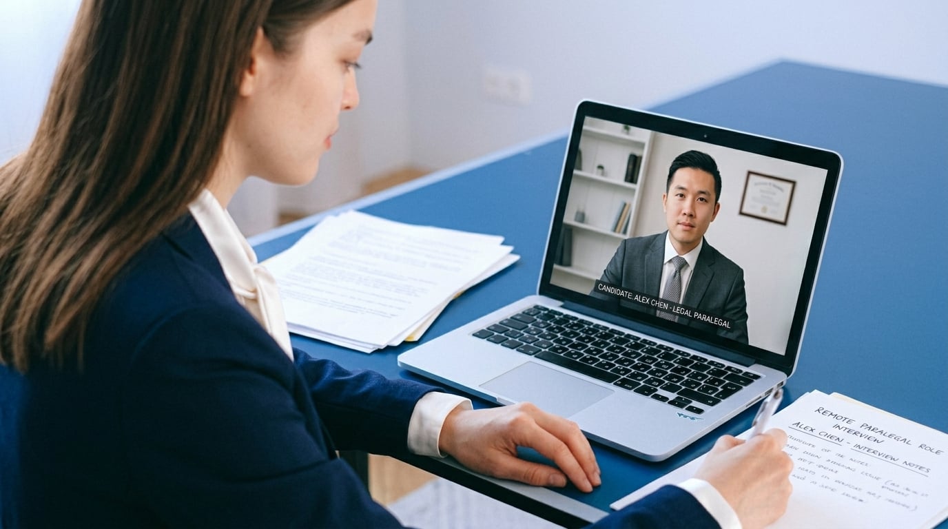 Hiring manager conducting a video interview with a legal candidate for a remote paralegal position